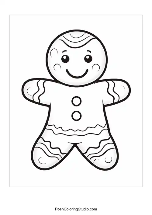 A gingerbread man with buttons and wavy icing patterns.
