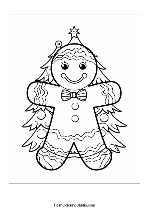 A gingerbread man with a bowtie and icing decorations.