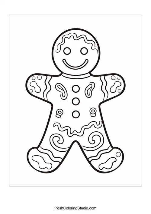 A gingerbread man decorated with swirls and buttons.