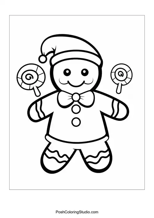 A gingerbread man holding lollipops.