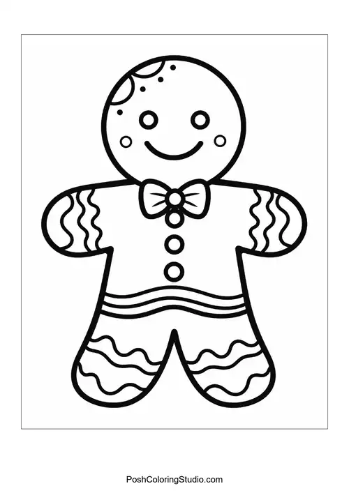 A gingerbread man with a bow tie and wavy icing patterns.