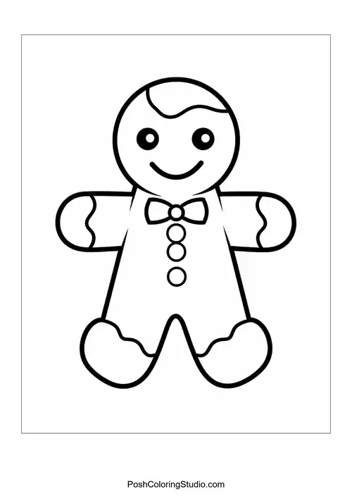 A gingerbread man with a bow tie and rounded feet.