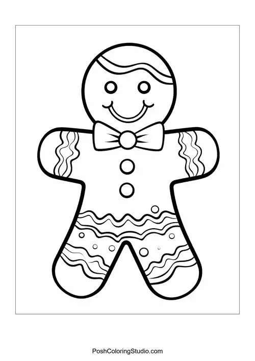 A gingerbread man with decorative swirls and a bow tie.