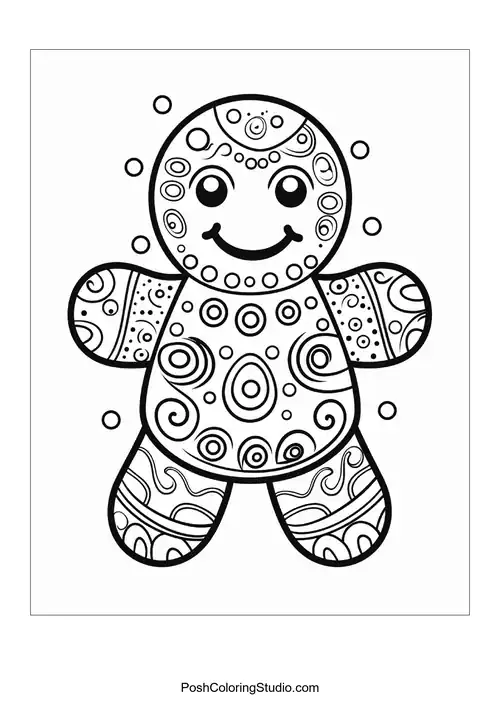 A gingerbread man with decorative patterns and a cheerful expression.