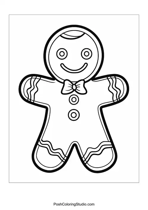 A smiling gingerbread man with a bow tie and icing details.