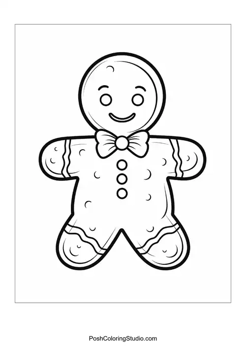 A cheerful gingerbread man with buttons and icing decorations.