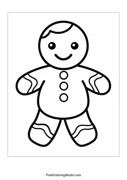 A gingerbread man with a scarf and buttons, smiling happily.
