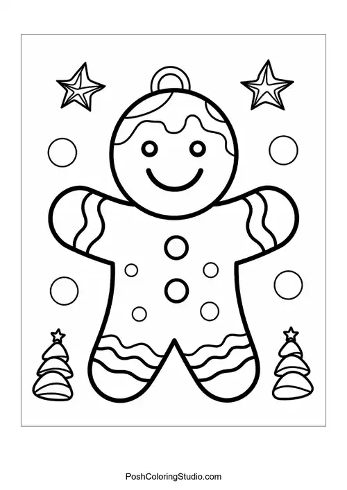 A gingerbread figure surrounded by holiday decorations.
