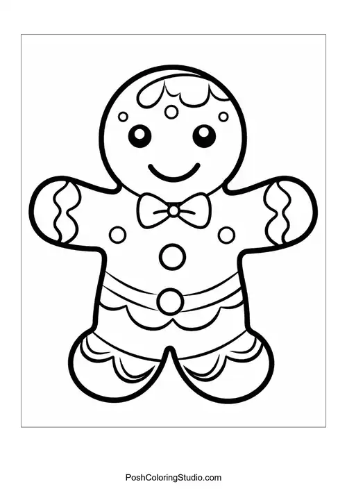 A smiling gingerbread man with a bowtie and buttons.