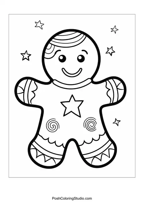 A cheerful gingerbread man adorned with a star and swirls.