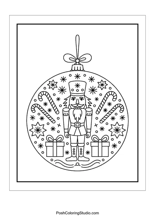 A round ornament with a nutcracker and candy canes.