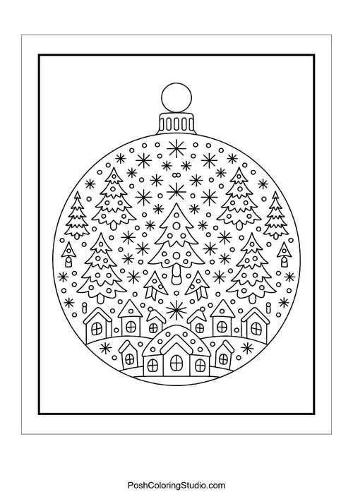 A round ornament filled with trees and small houses.