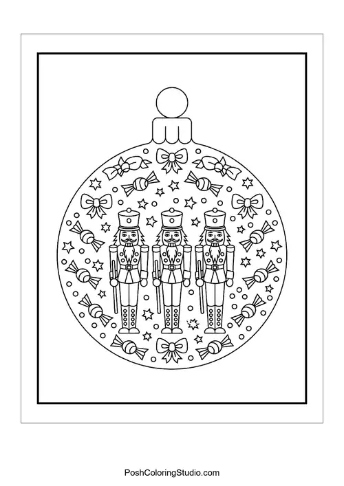 A round ornament with three nutcrackers and bows.