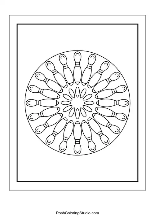 A circular design featuring a pattern of bowling pins.
