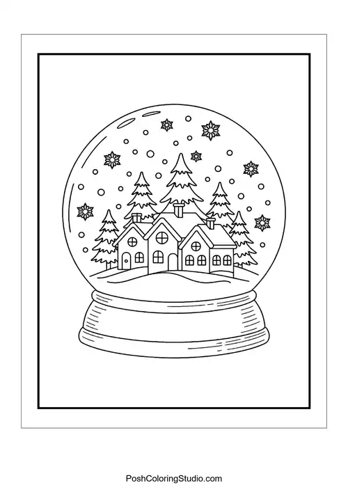 A snow globe with a winter scene of houses and trees.