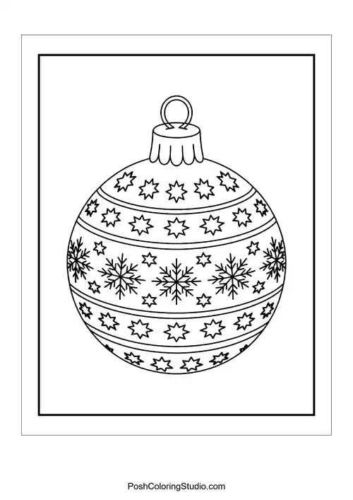 A round ornament decorated with snowflakes and stars.