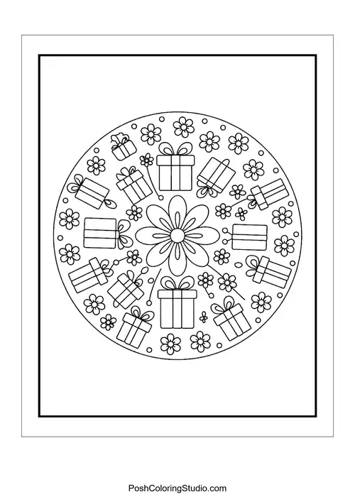 A round ornament filled with gifts and flowers.