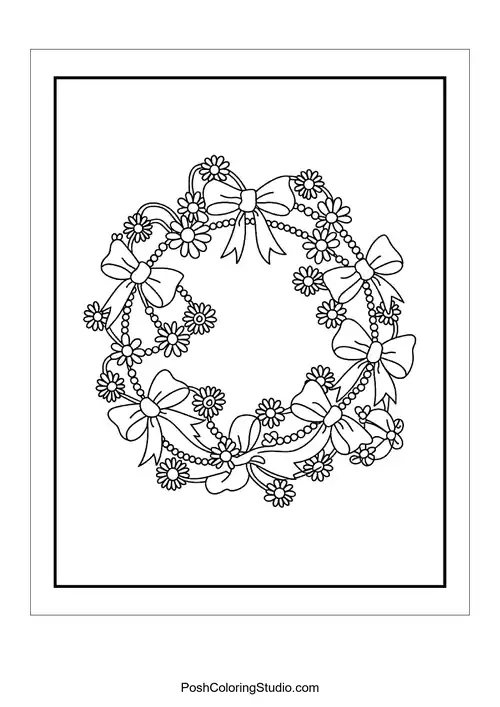A circular wreath adorned with bows and flowers.