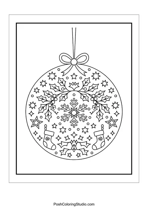 A round ornament with holly, stockings, and snowflakes.
