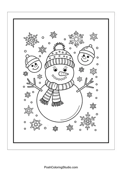 A cheerful snowman surrounded by snowflakes.