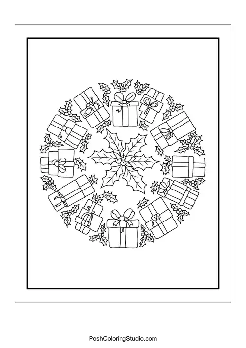 A circular design filled with gifts and holly leaves.