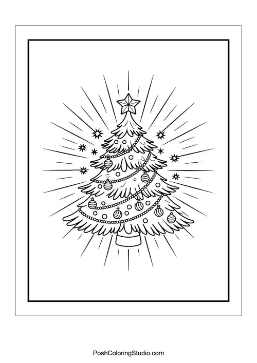 A Christmas tree radiating light with ornaments.