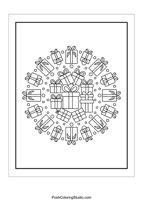A circular design featuring various wrapped gift boxes.