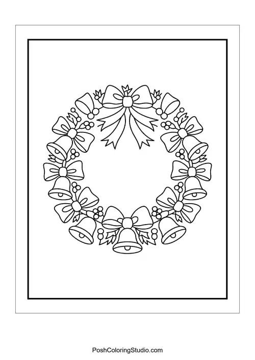A circular wreath adorned with bows and bells.