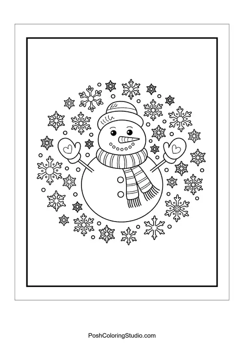 A cheerful snowman surrounded by snowflakes.