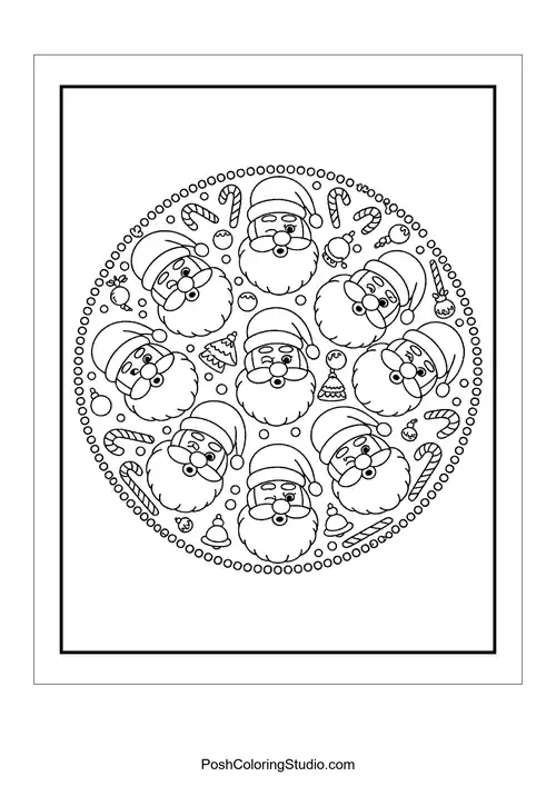 A circular design filled with Santa faces and treats.