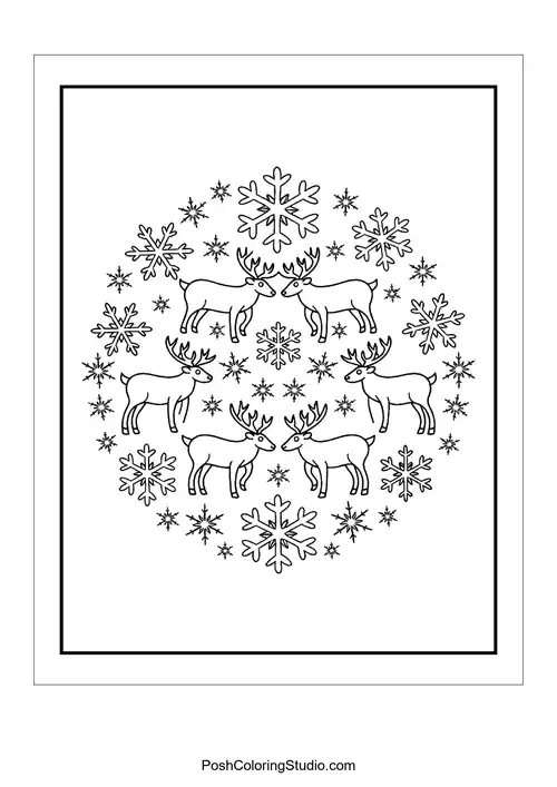 A circular arrangement of reindeer and snowflakes.