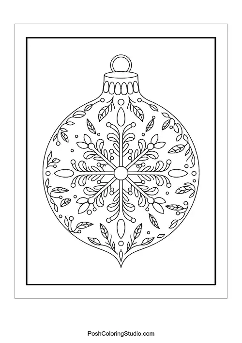 A round ornament featuring a snowflake design.