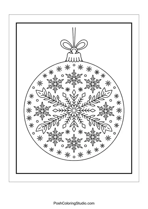 A circular ornament design with baubles and holly leaves.