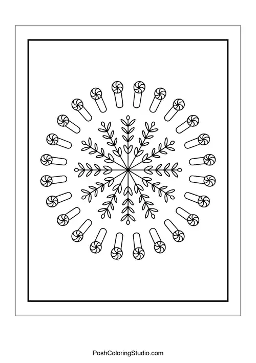 A circular mandala design featuring candy canes and leaves.