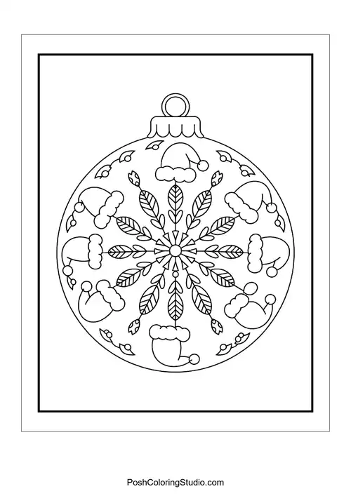 A round ornament design with Santa hats and leaves.