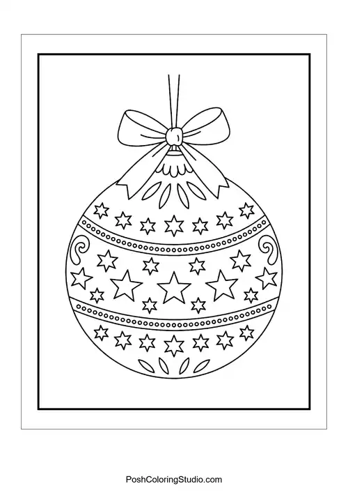 A round ornament decorated with stars and ribbons.