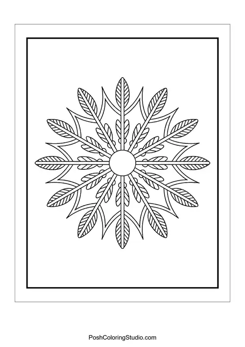 A snowflake design with elongated leaves and circular patterns.