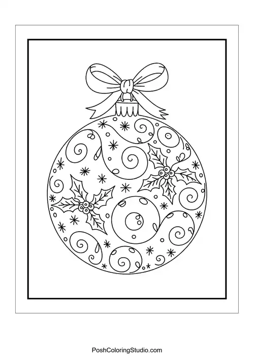 A round ornament design with swirls and holly leaves.