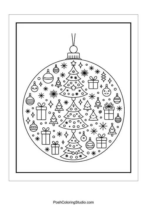 A round ornament filled with trees, gifts, and stars.