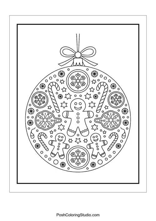 A round ornament with gingerbread men and candy canes.