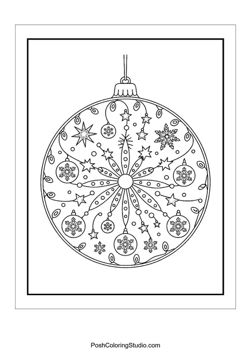 A round ornament with swirling stars and snowflakes.