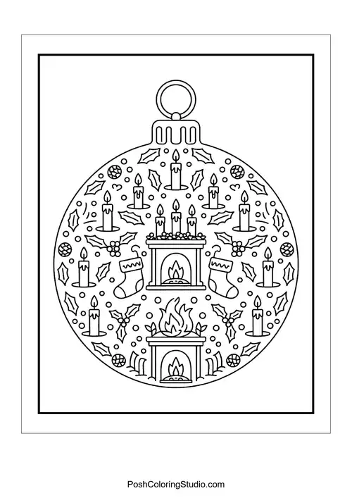 A round ornament depicting a cozy fireplace and stockings.
