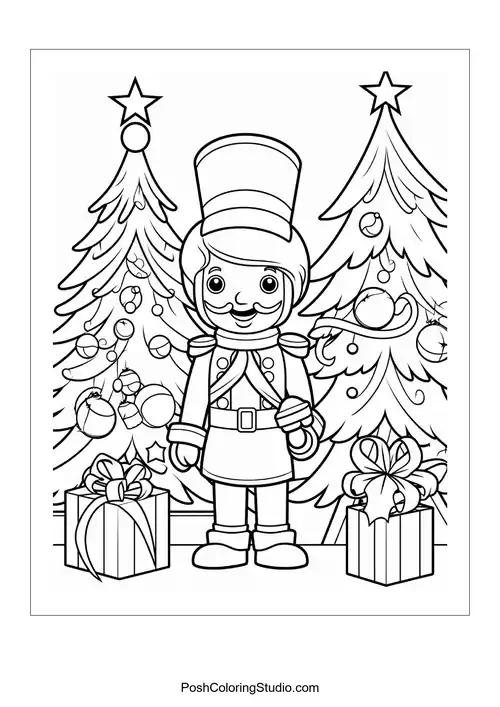 A nutcracker stands between two decorated Christmas trees.