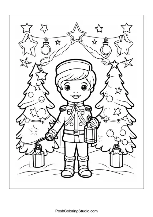 A nutcracker holds a lantern in front of two Christmas trees.