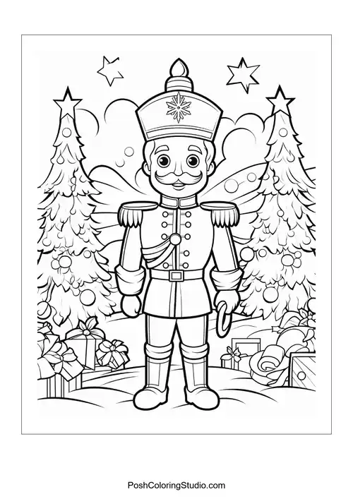 A nutcracker with wings stands among Christmas gifts.