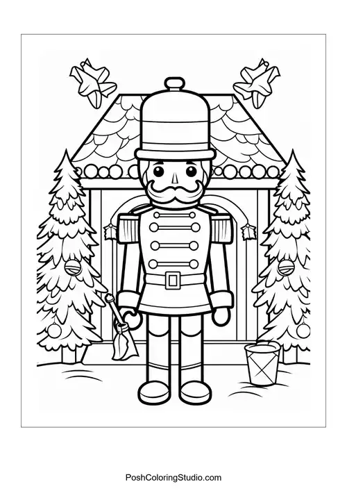 A nutcracker stands in front of a decorated house.