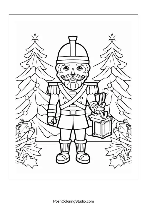 A nutcracker holds a lantern surrounded by Christmas decorations.