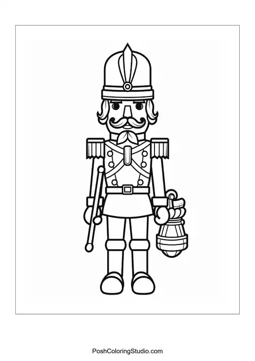 A nutcracker holding a lantern and wearing a uniform.