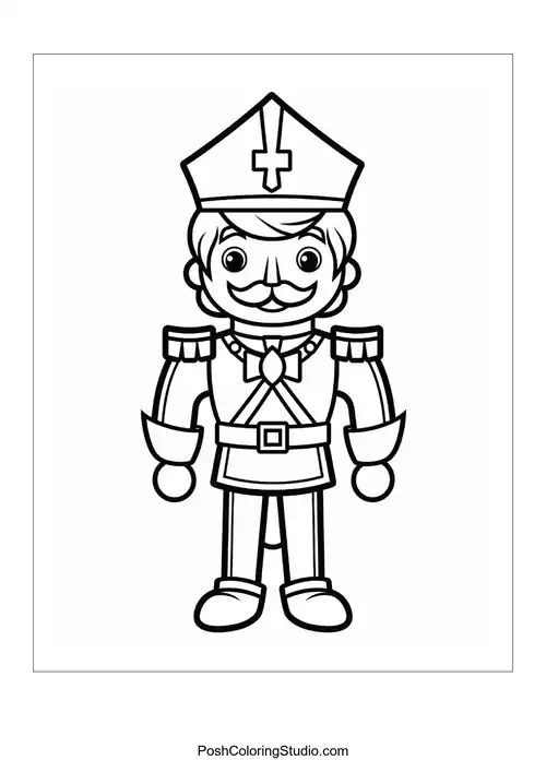 A nutcracker with a cross on its hat stands confidently.