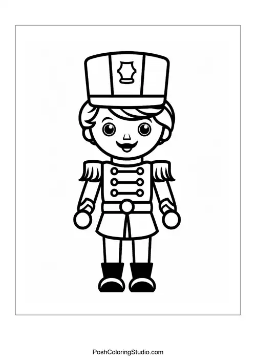 A nutcracker stands with a friendly smile and open arms.